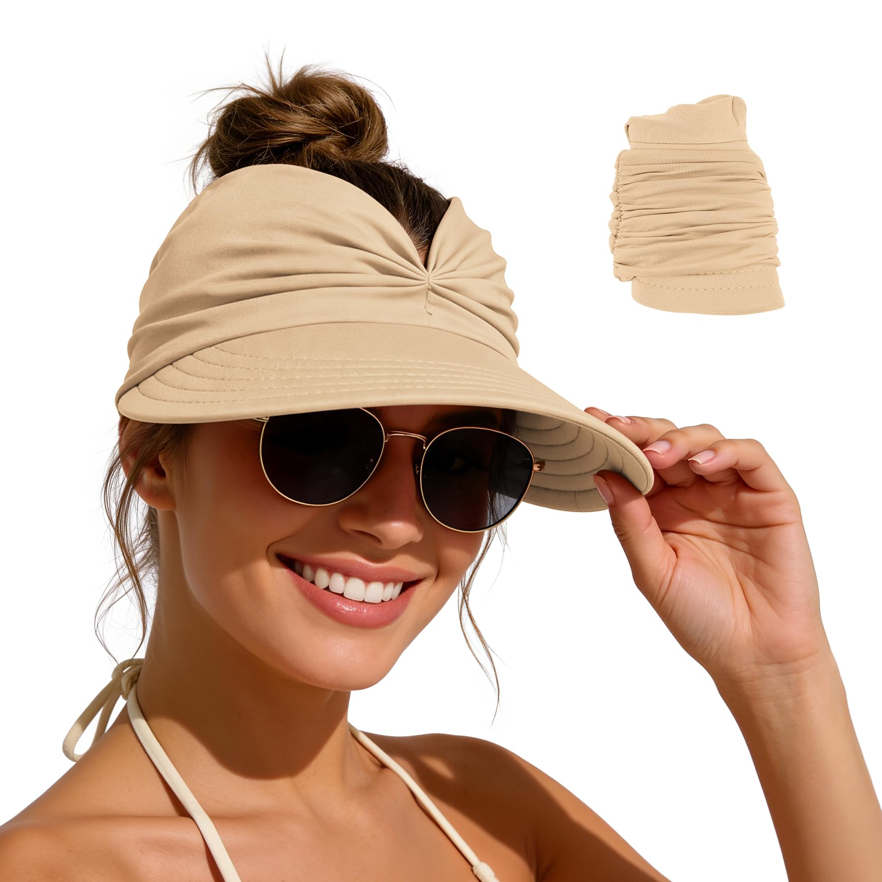 Sun Visor Hats for Women - Beach Wide Brim Fashion Hat UV Protection Quick Dry Packable Summer Cap for Casual Sports