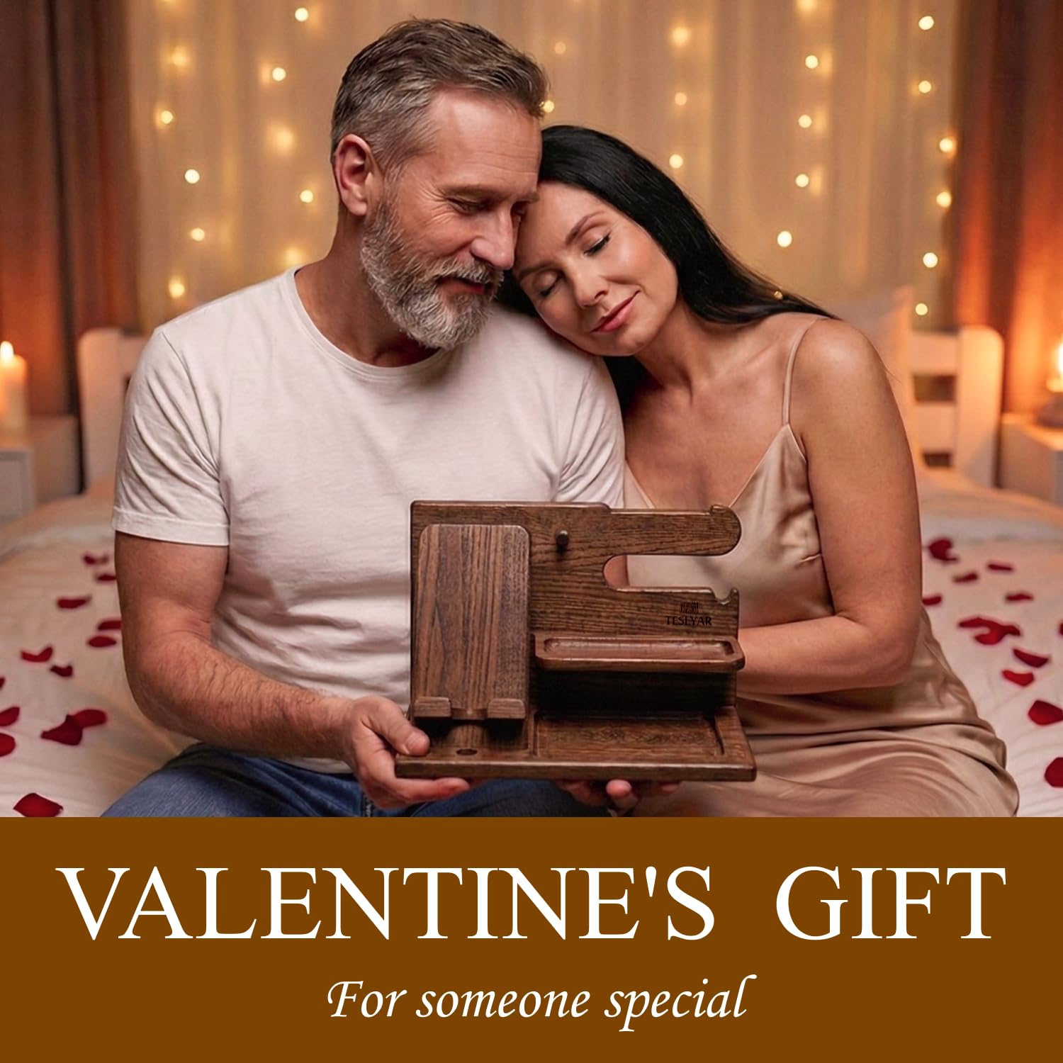 TESLYAR Wood Phone Docking Station Ash Key Holder Wallet Stand Watch Organizer Men Gift Husband Wife Anniversary Dad Birthday Nightstand Purse Father Graduation Male Travel Idea Gadgets (Brown)