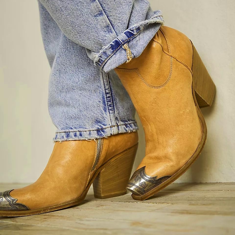 Image of keleimusi Women's Western Cowgirl Ankle Boots Stacked Block Heel Cowboy Booties Steel Toe Heeled Short Cowboy Boots Western Booties