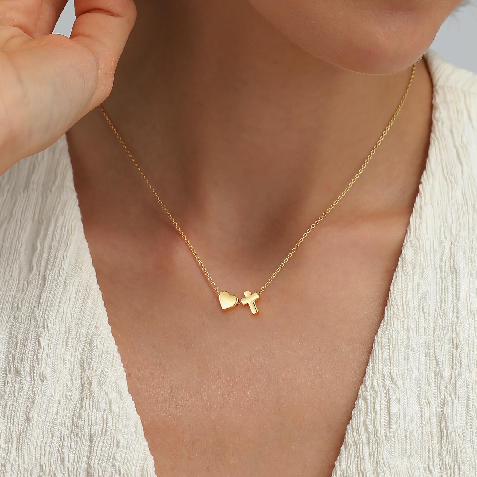 ESPVO Confirmation First Communion Baptism Gifts for Girls, 14K Gold Plated Heart Cross Necklace for Daughter Granddaughter Niece Sister Christian Religious Gifts 16+3 Inches - 3