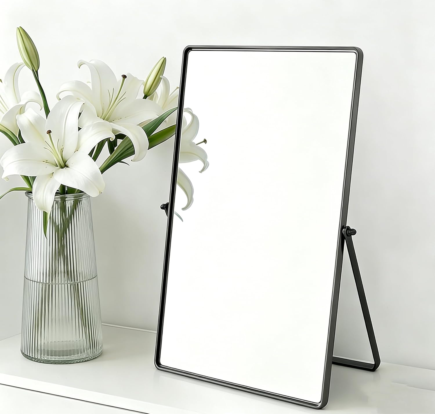 Feyarl Desktop Makeup Vanity Mirror 11.8 x 7.87 Inch Tabletop Mirror 90° Rotation Decorative Standing Cosmetic Mirror for Home Deco Bedroom Bathroom Desk Dresser (Gunmetal Black)