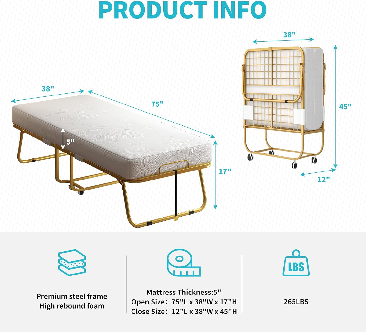 ijuicy Folding Bed with 5" Memory Foam Mattress, 75" x 38" Rollaway Bed for Guest, Cot Size Space Saving Portable Foldable Beds for Adults with Sturdy Metal Frame-Luxury Gold