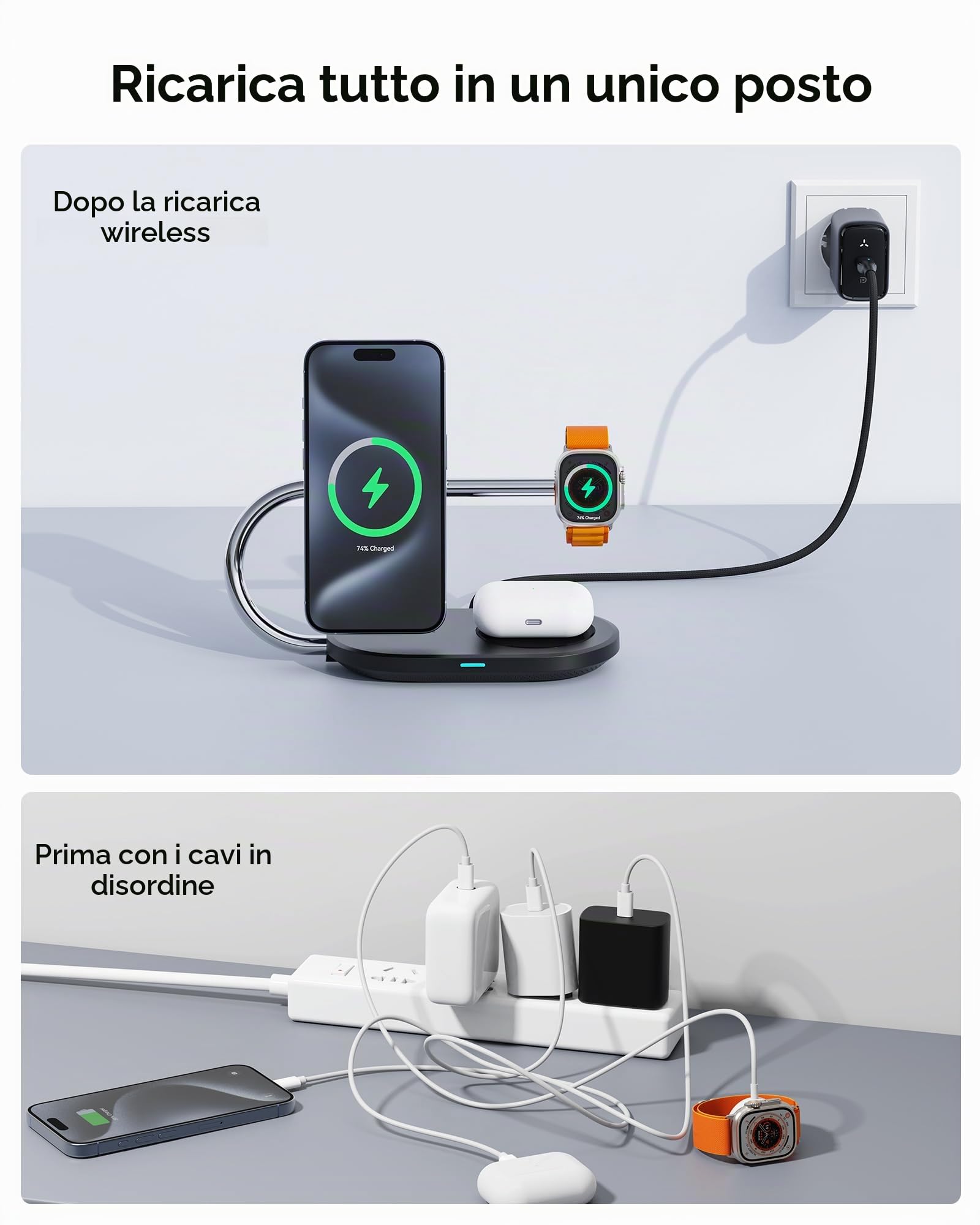 VOLTME 3 in 1 Stazione di ricarica wireless magnetica USB-C a ricarica rapida, stazione di ricarica multifunzione compatibile con induzione, caricabatterie rapido per iwatch ultra, airpods e iphone 16