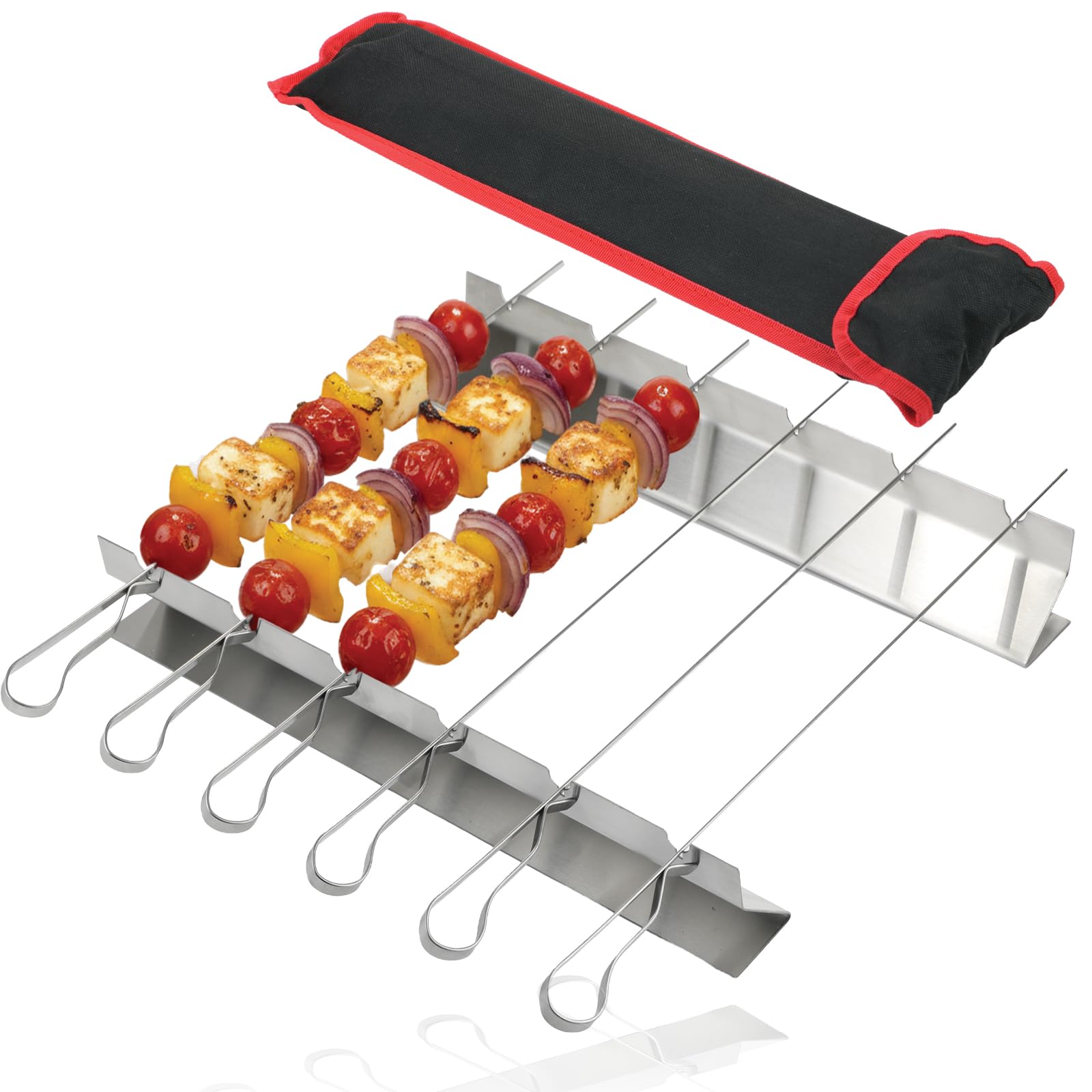 SPARES2GO Kebab BBQ Skewer Rack Set Flat Stainless Steel Metal Griddle Skewers Large (6 Pack, 410mm / 16 Inch)