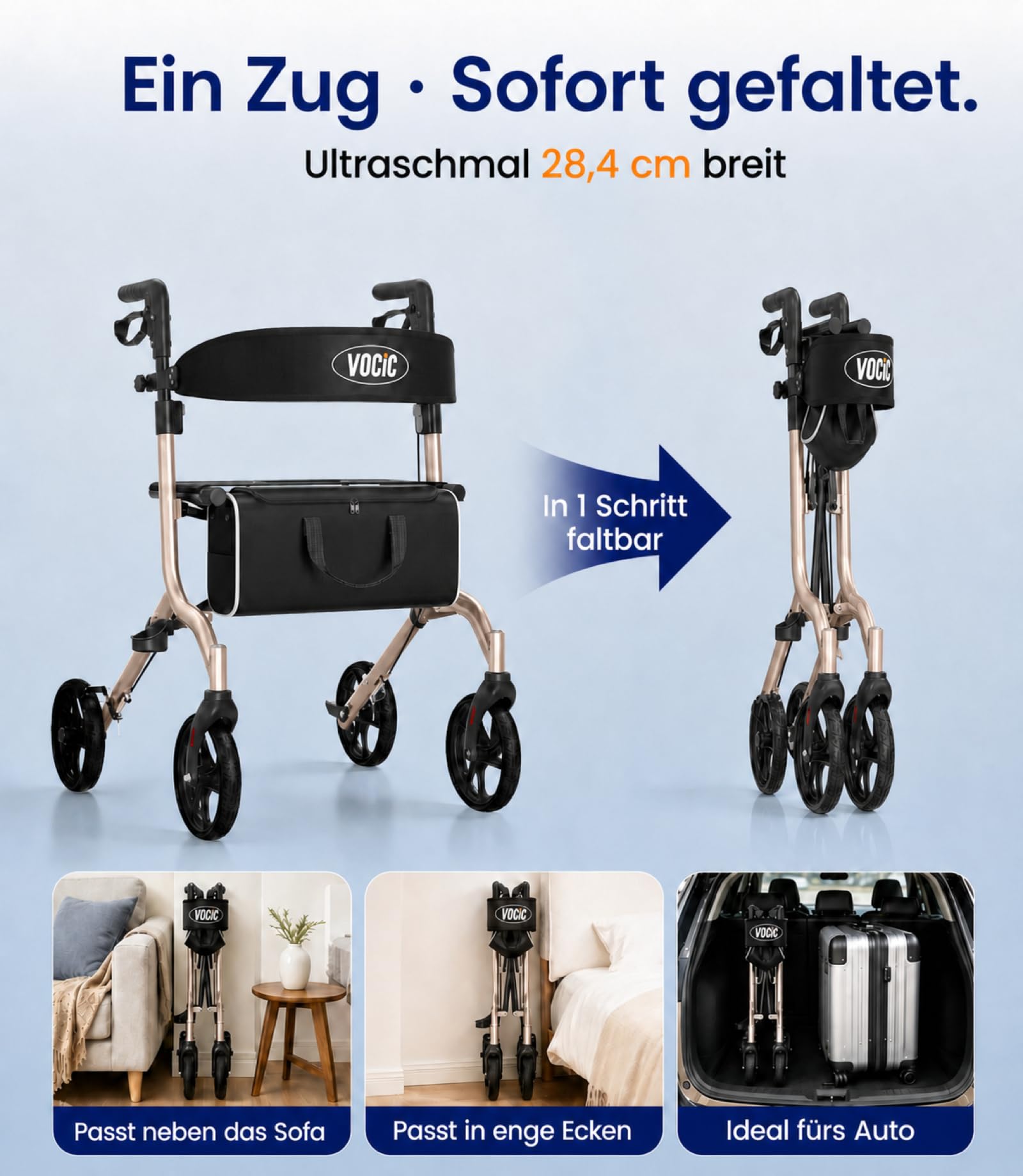 VOCIC Z27 5,8kg Ultraleicht Rollator faltbar leicht mit sitz, aus Aluminium