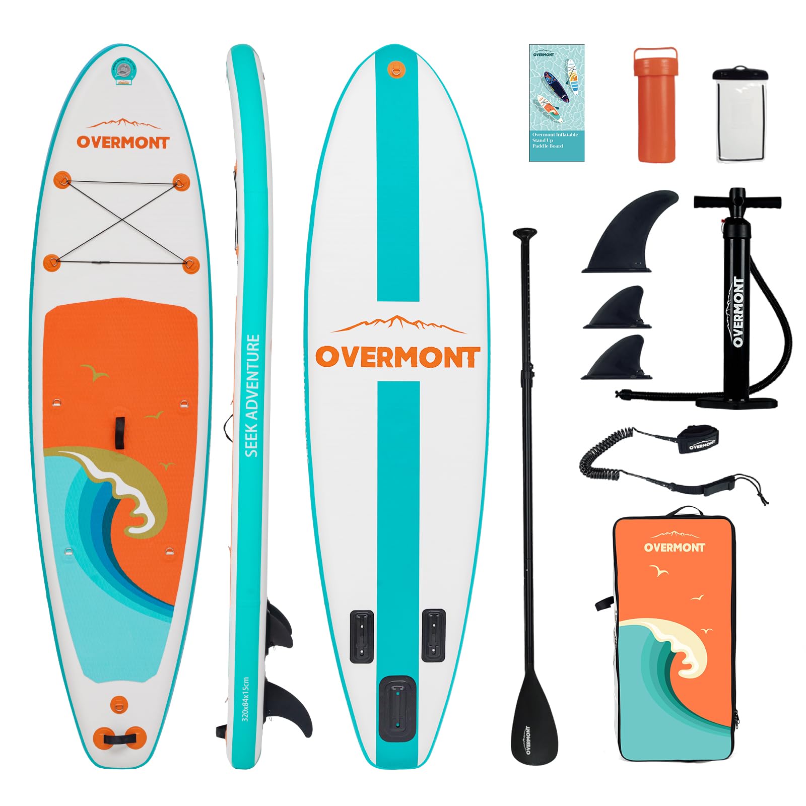 Overmont SUP Inflatable Stand Up Paddle Board for adults, 323x84x15cm Lightweight & Foldable, with Adj Paddle, Pump, SUP Backpack, Leash, 3 Fins, Waterproof Bag, Repair Kit, Non-Slip Deck