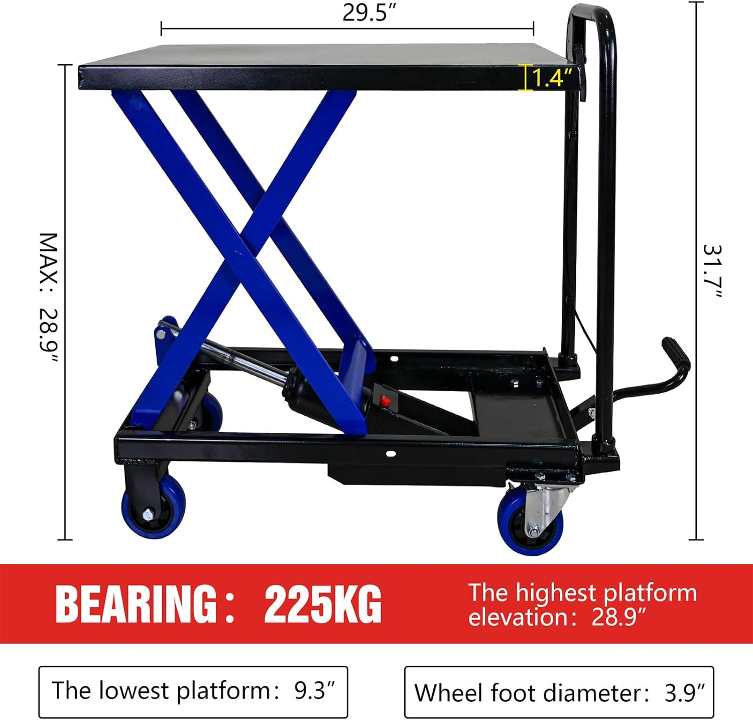 Hydraulic Lift Trolley, Hydraulic Lift Table Cart with 4 Wheels, Elevating Hydraulic Cart, 500 LBS Capacity, for Material Handling and Transportation, Black and Blue