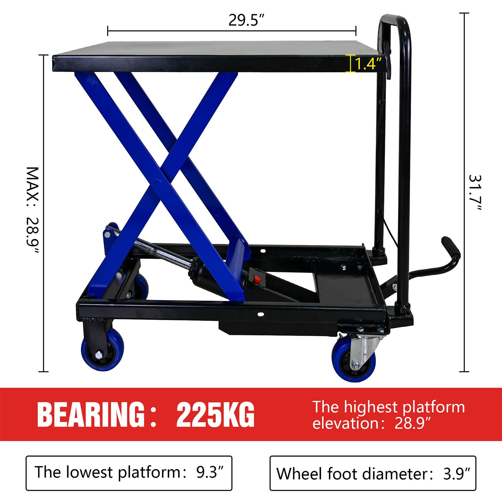 Hydraulic Lift Trolley, Hydraulic Lift Table Cart with 4 Wheels, Elevating Hydraulic Cart, 500 LBS Capacity, for Material Handling and Transportation, Black and Blue