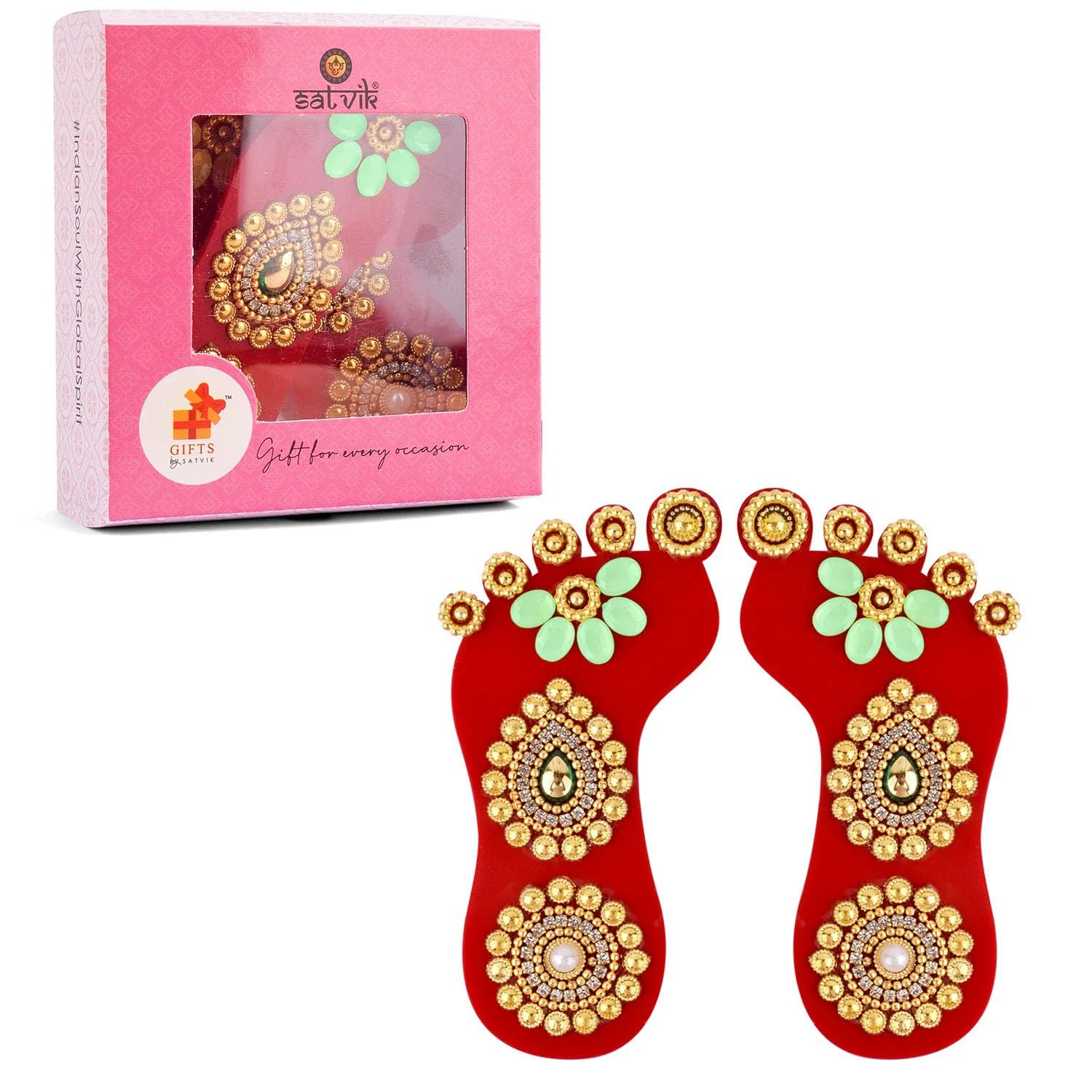 SATVIK 1 Pc Set of Acrylic Lakshmi Mata Charan Paduka Sticker Diwali Festival Decoration with Stone Moti Mandir Home Office Floor Festival Pujan Home Floor Kolam Shubh Labh Rangoli Stickers (DESIGN 1)
