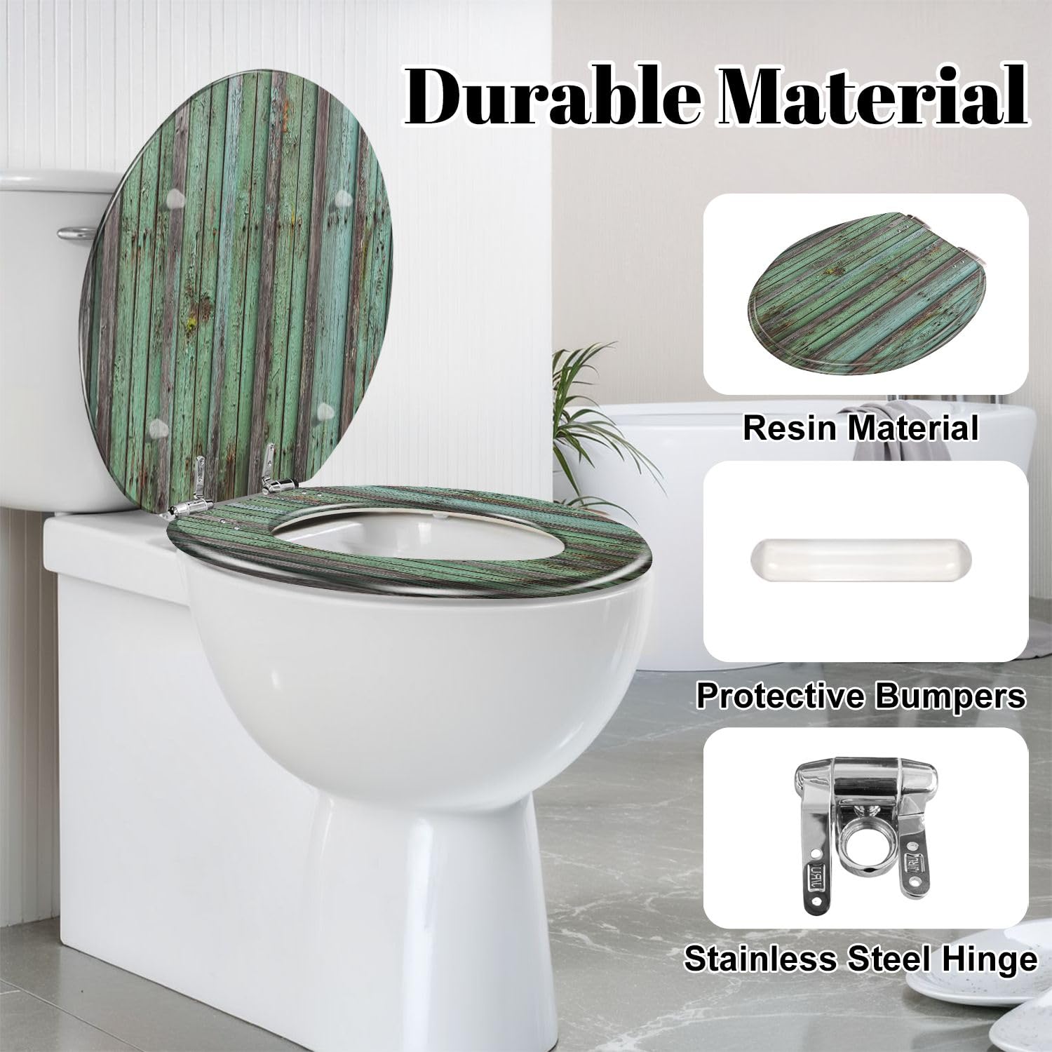 Abattant de toilette rond en résine. Belle texture de bois provenant de vieilles planches de bois à la peinture patinée. Fermeture lente et silencieuse. Charnières à dégagement rapide. Butoi