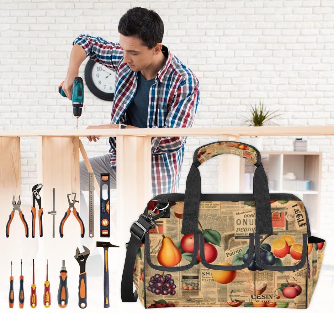 Cute Fruit Newspaper Tool Bag with Multi-Pockets Wide Mouth Tool Tote Bag for Women and Men Waterproof Tool Organizer Storage Bag with Adjustable Shoulder Strap and Ergonomic Handle