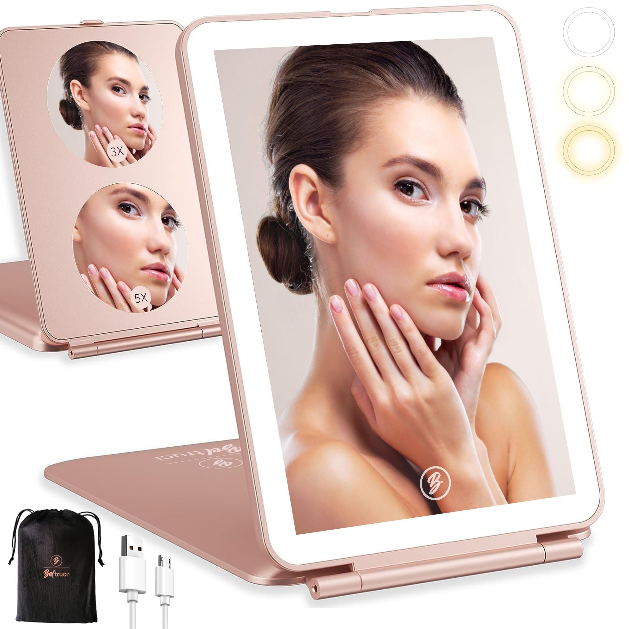 Beltruci Vanity Mirror with Lights | Rechargeable Travel Makeup Mirror | 3 Color Modes Magnifying Mirror with Storage Bag (Rose Gold)