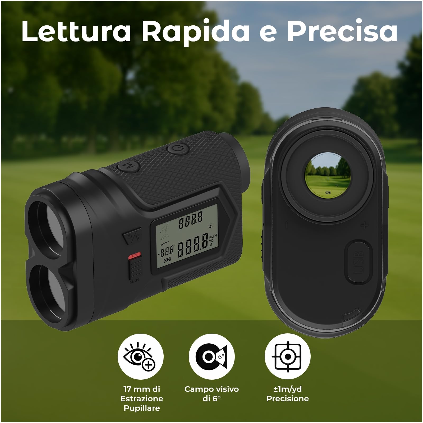 Telemetro Golf 1097M con Pendenza e Blocco Bandiera di WanderS – Telemetro Laser USB-C Ricaricabile, Vibrazione, Ingrandimento 6X, Modalità Torneo, Display Laterale – Accessorio Golf Uomo