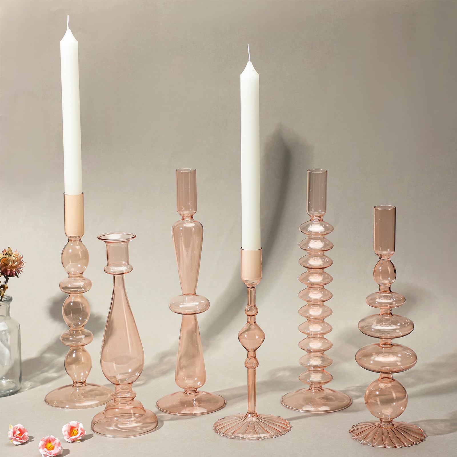 6 Pcs Glass Candlestick Holders Colorful Glass Taper Candle Holders Stand Clear Wavy Groovy Candlestick Holders Elegant Glass Vases for Home Wedding Party Centerpiece(Light Brown)