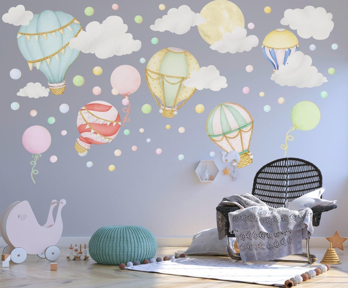 Hot Air Balloon Wall Decals – Peel & Stick Removable Wall Stickers with Clouds & Balloons, Rainbow Colorful Wall Decals Room Decor, for Nursery Kids Playroom Baby Medium (36" x 36")