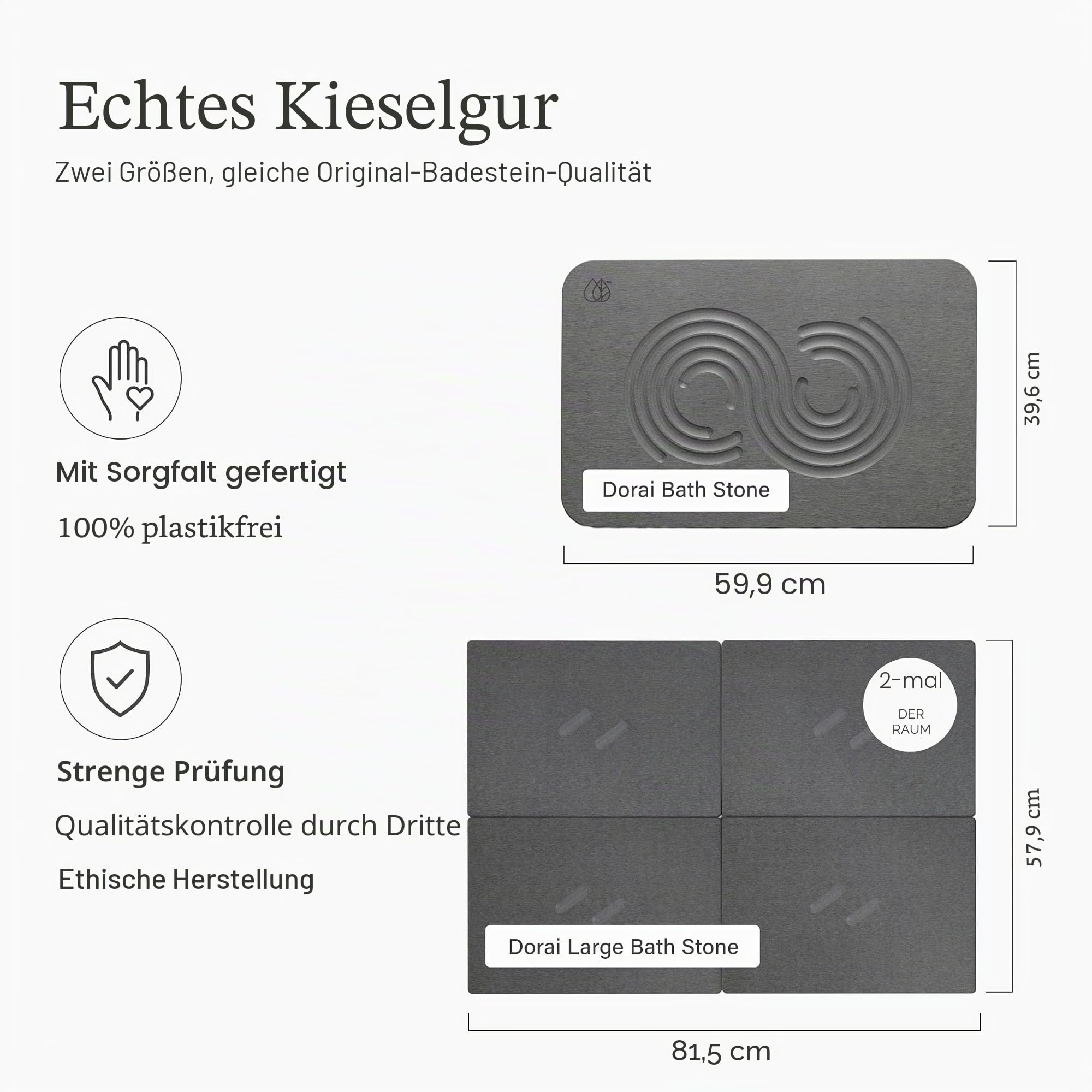 Dorai Home Stone Badematte für Badezimmer | Große, schnell trocknende Stein-Badematte | rutschfeste Oberfläche | anpassbares Design | 56,6 cm L x 80,3 cm B x 1,5 cm H | Schiefer