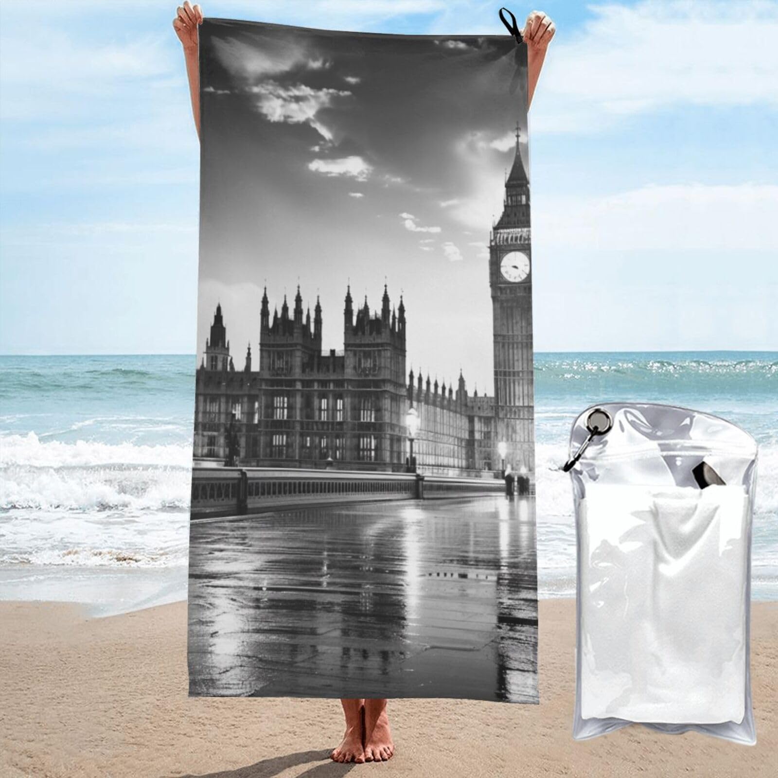 kkvhhyuo Microfiber Beach Towel, London Printed Lightweight Quick Dry Travel Bath Sheet with Compact Carry Bag for Swimming Yoga Camping Gym,27.5"x55"