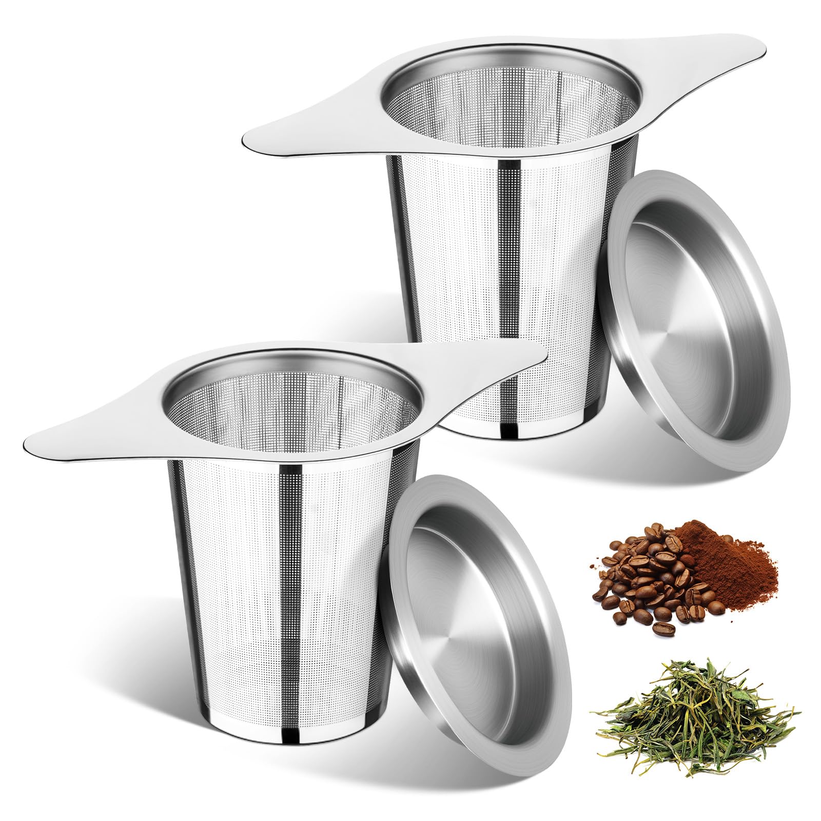FrutPunch Infusor de té de hojas sueltas con tapa, juego de 2, colador de té de malla ultrafina, gran capacidad, asas dobles, se puede colgar en tetera, taza, regalo para los amantes del té