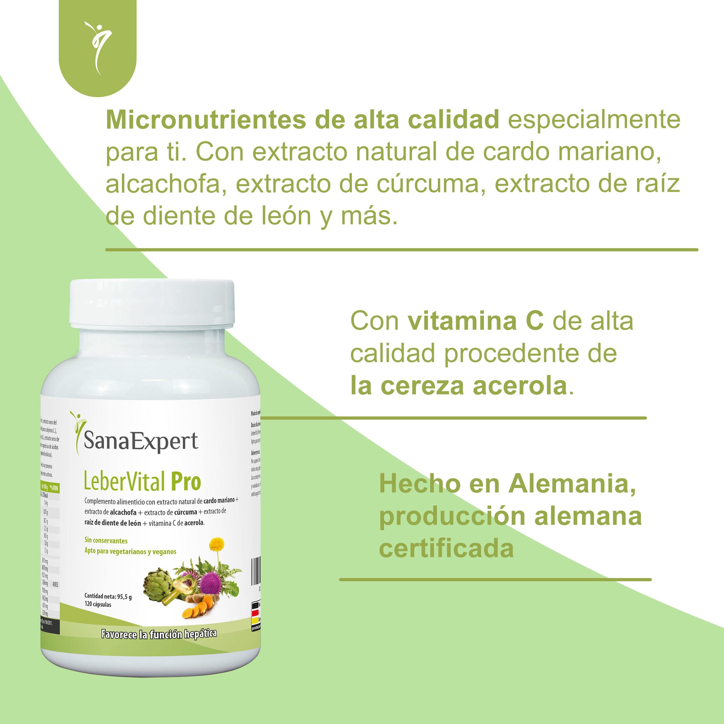 SanaExpert LeberVital Pro - Suplemento Natural para la Purificación y Salud Hepática - Con Cardo Mariano, Cúrcuma, Alcachofa, Raíz de Diente de León y Vitamina C - 120 Cápsulas - Fabricado en Alemania