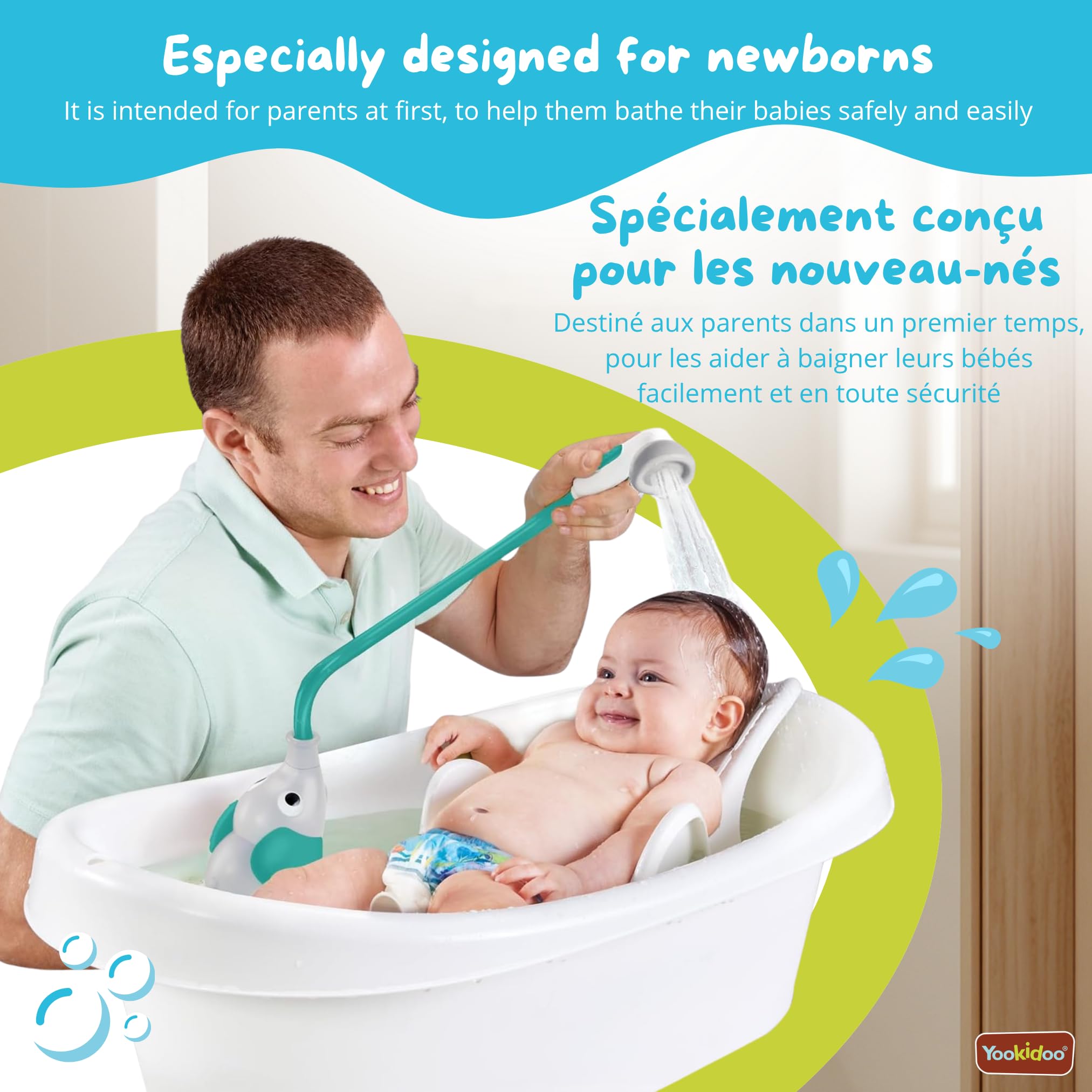 Yookidoo – Ducha de baño elefante gris y verde – Juguete de baño para bebé – Juego de baño y ducha despertar de los sentidos – Manguera de rociador de juguete de baño para bebé – Regalo de bebé de 0 a