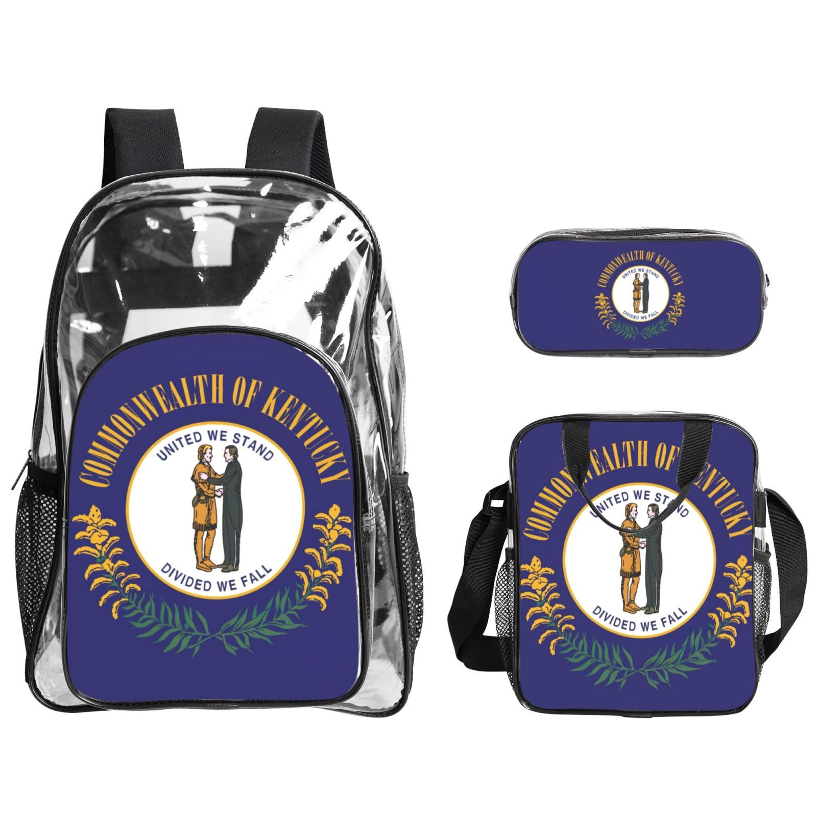 Flaga stanu Kentucky nadruk unisex przezroczysty plecak zestaw 3-częściowy przezroczysty lunch piórnik podróżny na zewnątrz