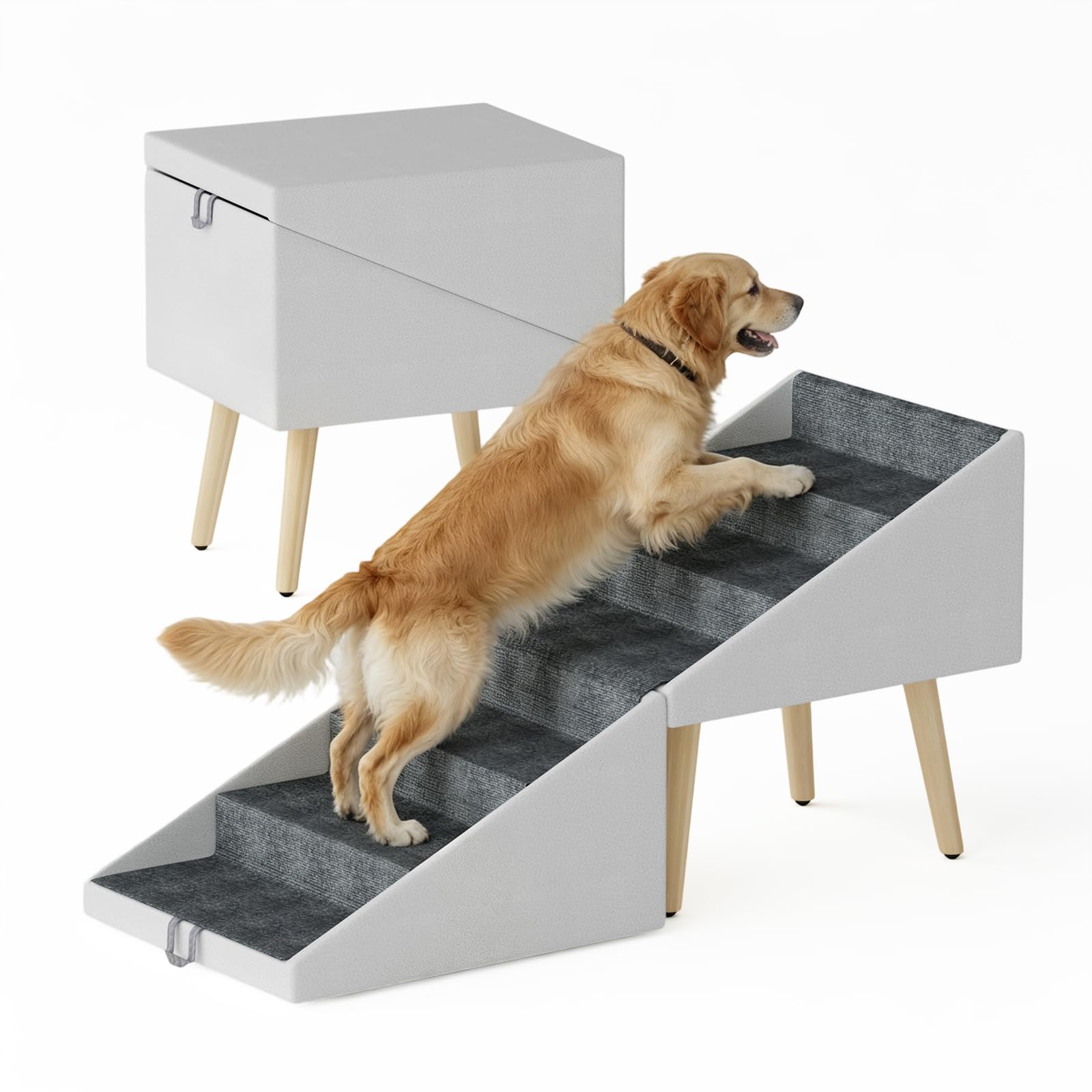 dog stairs for high bed & couch, 23.6" high foldable ottoman dog ramp with 6-steps, 2-in-1 wooden pet stairs with no-slip fabric, joint relief for small/medium/large puppy senior dogs & cats, beige( similar)