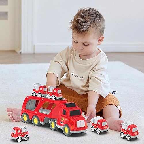 Miniatura 5 de Moritakk Camiones de juguete para niños pequeños de 3, 4, 5, 6, 7 años, transporte 5 en 1, vehículos urbanos de transporte con sonido ligero, regalo
