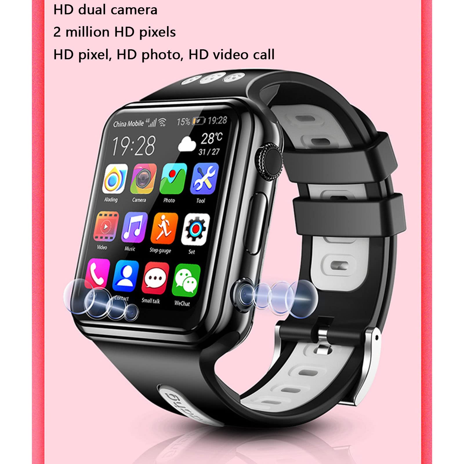 JUSHZ Inteligentny zegarek dla mężczyzn, inteligentne zegarki dla kobiet, smartwatch dla dzieci, z funkcją połączenia, dla dzieci, 4G, połączenie wideo, WiFi, internet, GPS, Czarny, 47.5x40x15mm, pasek