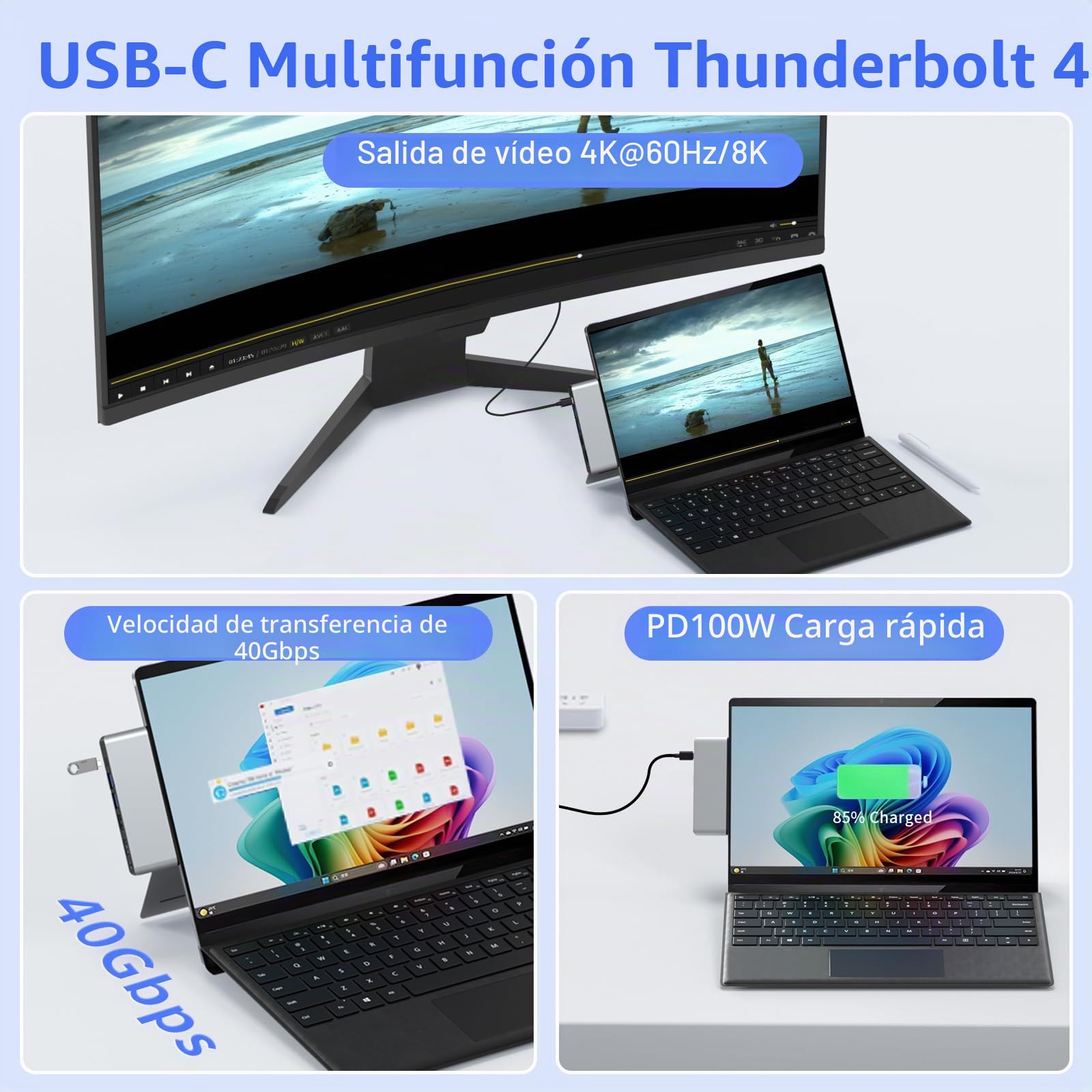 Surface Pro 11/10/9 Hub Docking Station con Dual HDMI 4K @ 60Hz, USB C Thunerbolt 4 (vídeo 8K + 40 Gbps + 100 W PD), USB 3.0 * 2, audio de 3,5 mm, ranura para tarjeta SD/TF – Adaptador de concentrador