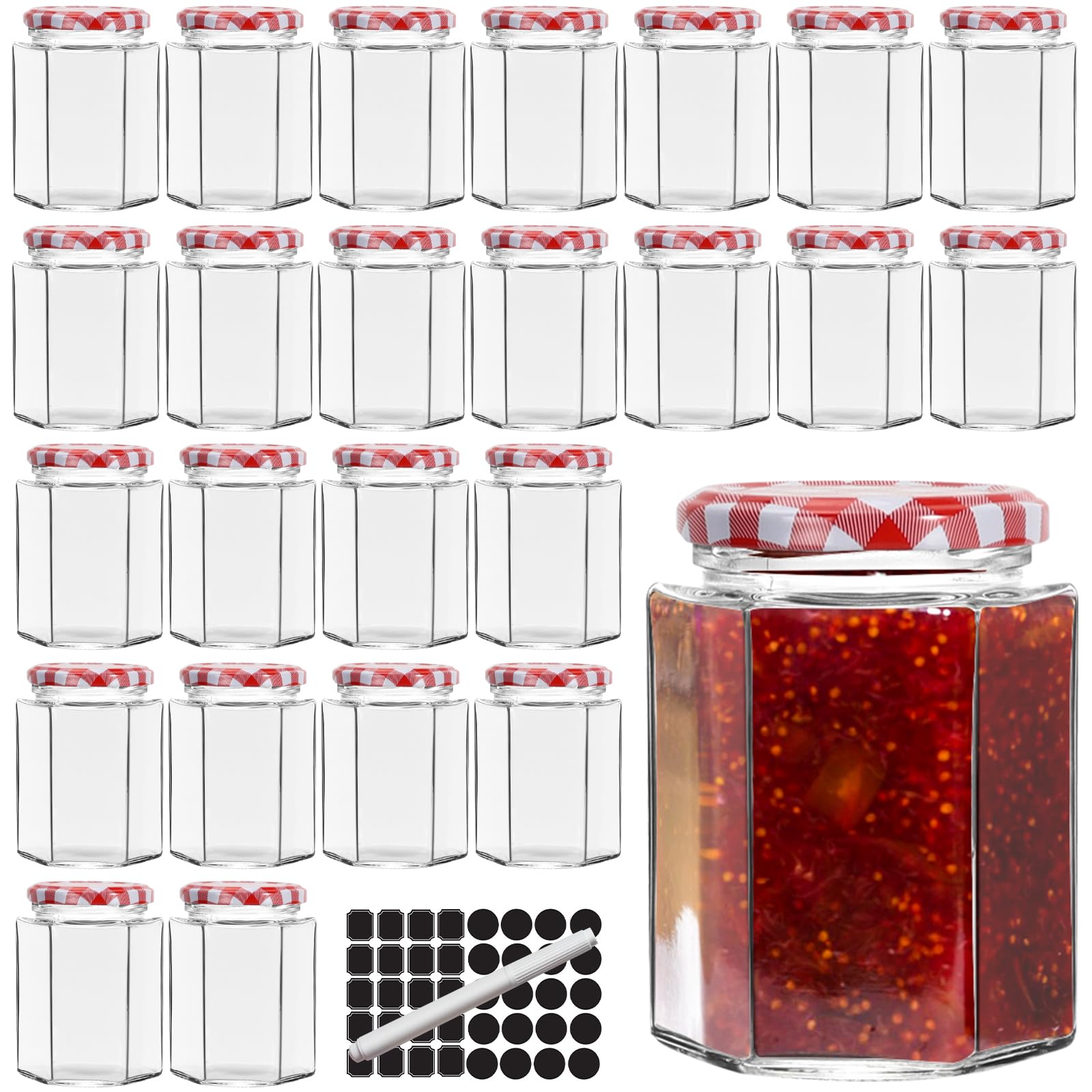 9oz Hexagonal Glass Jam Jars with Red Gingham Lids,24 Pack Pickle Jar Glass Canning Jars for Jam,Sauce,Candy,Baby Foods,Wedding Favors or Jars Crafts