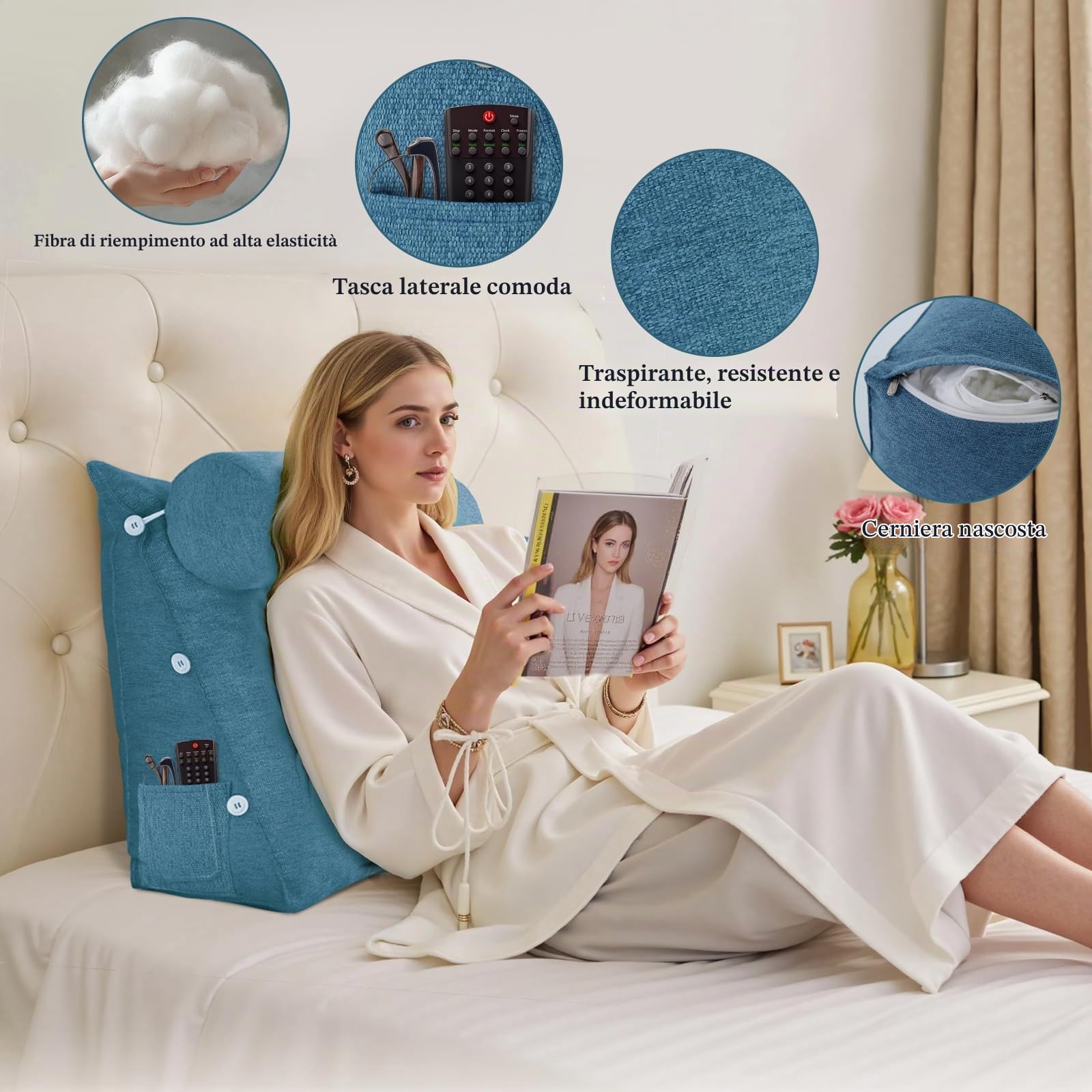 Cuscino Triangolare Testiera Letto，Cuscino da Lettura con Poggiatesta Regolabile，Cuscino Letto per Supporto Schiena e Lombare，Cuscino a Cuneo per Divano Letto