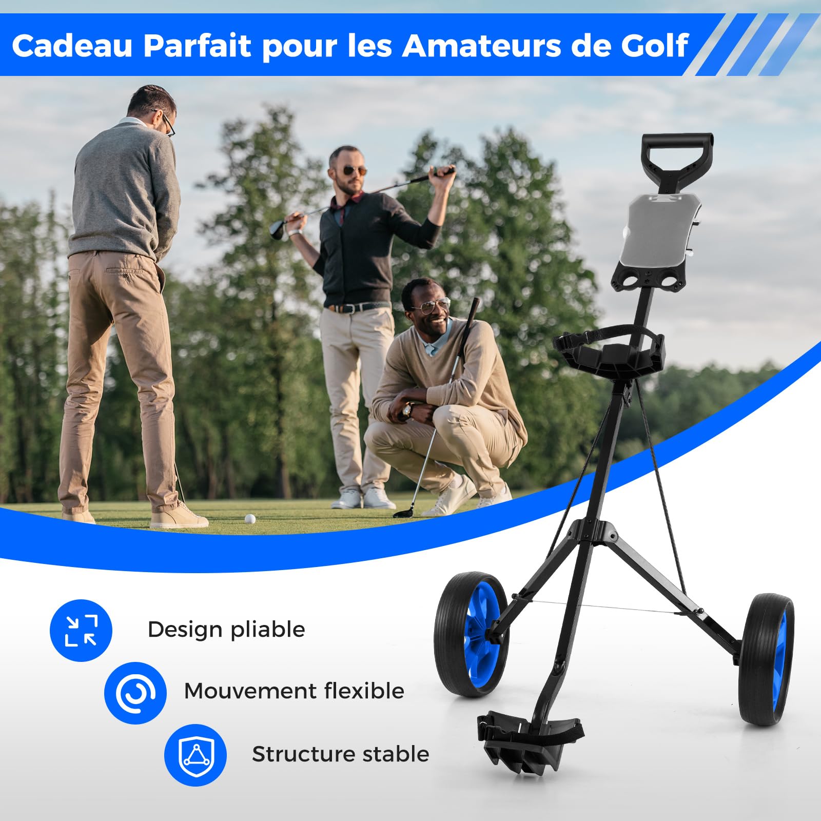 COSTWAY Chariot de Golf à 2 Roues Pliable avec Emplacement pour 4 Tees, 4 Balls et Tableau de Score, Caddie de Golf Multifonctionnel Facile à Ranger et Transporter avec Design Compact