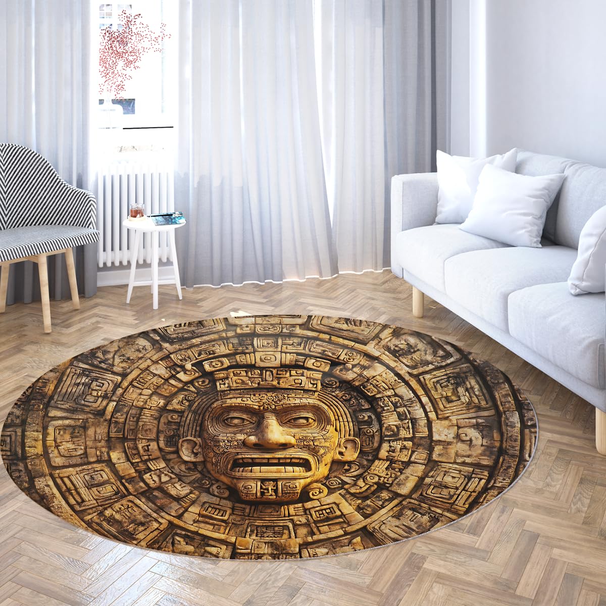 3D Drukowane Okrągłe Dywaniki Azteków Majów Dywan Wejściowy Boho Southwestern Boho Zmywalny okrągły antypoślizgowy dywanik do drzwi wejściowych 180 cm