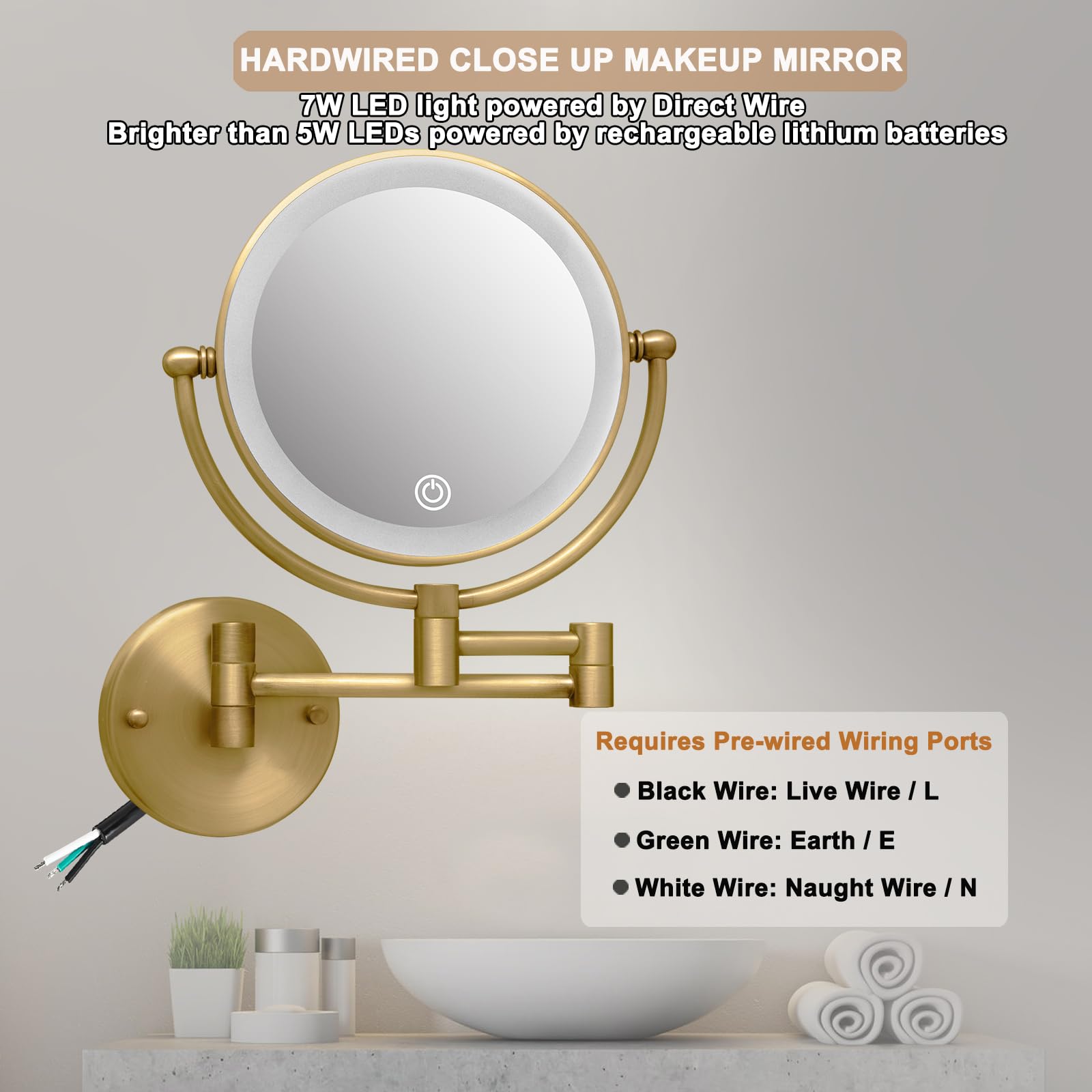 Miroir de maquillage à montage mural éclairé grossissant x10 câblé, double face avec éclairage 3 couleurs, fonction de gradation tactile, bras pivotant à 360° et bras extensible pour rasage