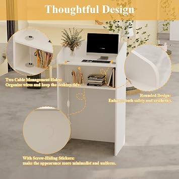 Reception Desk with LED Lighting Display Shelf, Front Cashier Table with 2 Storage Shelves, small Front Counter Desk for Office Store Salon, 39D x 59W x 105H cm, White