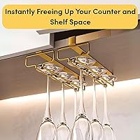 Vista 8 de LINFIDITE Soporte dorado para copas de vino debajo del gabinete, paquete de 2, ahorro de espacio, fácil instalación, antideslizante, diseño