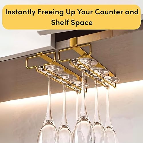 Miniatura 8 de LINFIDITE Soporte dorado para copas de vino debajo del gabinete, paquete de 2, ahorro de espacio, fácil instalación, antideslizante, diseño