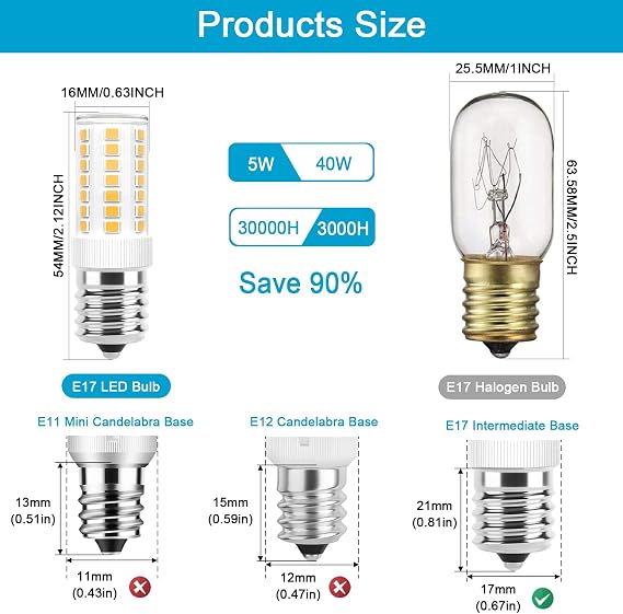 E17 LED Bulbs Dimmable 5W Microwave Over Stove Bulb 125V 40W Incandescent Equivalent, Warm White 3000K, Fit for Whirlpool Maytag GE Kenmore LG Microwaves, Replaces 8206232A 1890433 AP4512653, 2 Pack