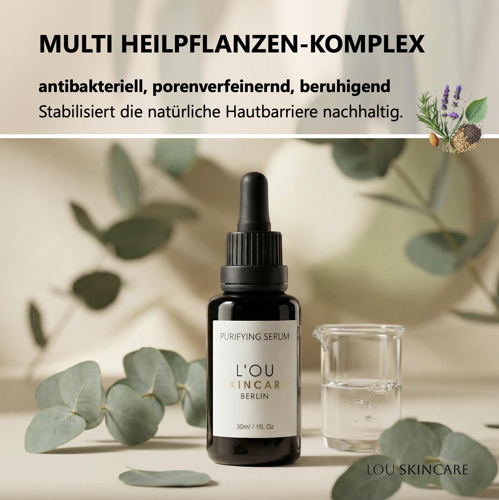 lou skincare purifying serum - Gesichtsserum mit Hanf, Teebaum und Lavendel, für unreine und empfindliche Haut, 30ml
