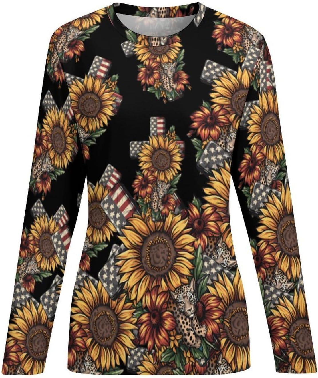 4th of July Leopard Sunflower Crosses Women's Pajama Top Sleepwear Pajamas Sleep T-Shirt Long Sleeve Shirt Crewneck Tee