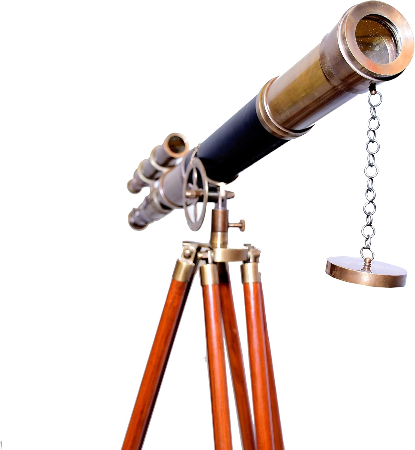 Nautical Double Barrel Telescope Antique Finish with Brown Wooden Tripod Brass Floor Standing