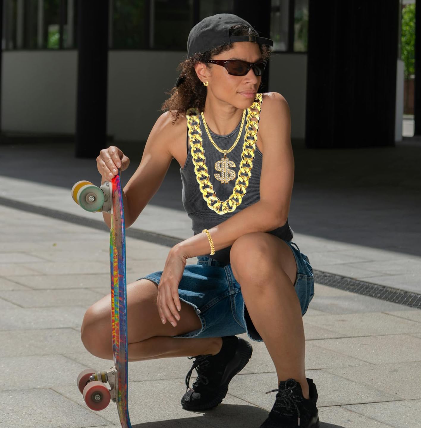 Hip Hop Costume Kit 80s 90s Accessories Outfit for Men Rapper Sunglasses Chain Bracelet Dollar Sign Necklace Ring Kanji Ring Halloween Party Decorations - Image 7