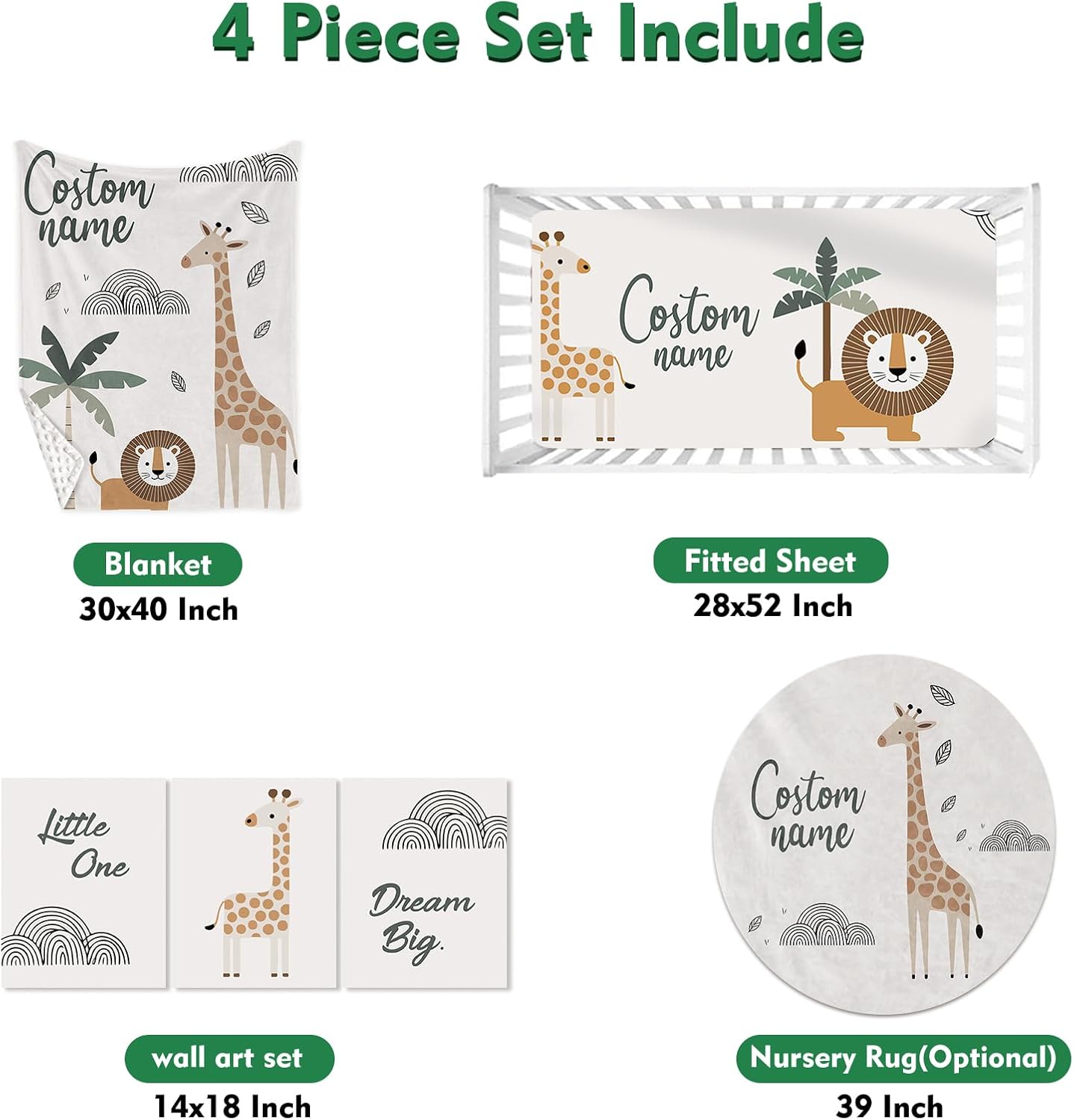 Personalized Baby Crib Bedding Set for Boys Girls, Custom Name Crib Set 4 Pcs - Minky Blanket, Fitted Crib Sheet, Nursery Rug & Wall Art, Giraffe Lion Pattern for Modern Baby Nursery Décor