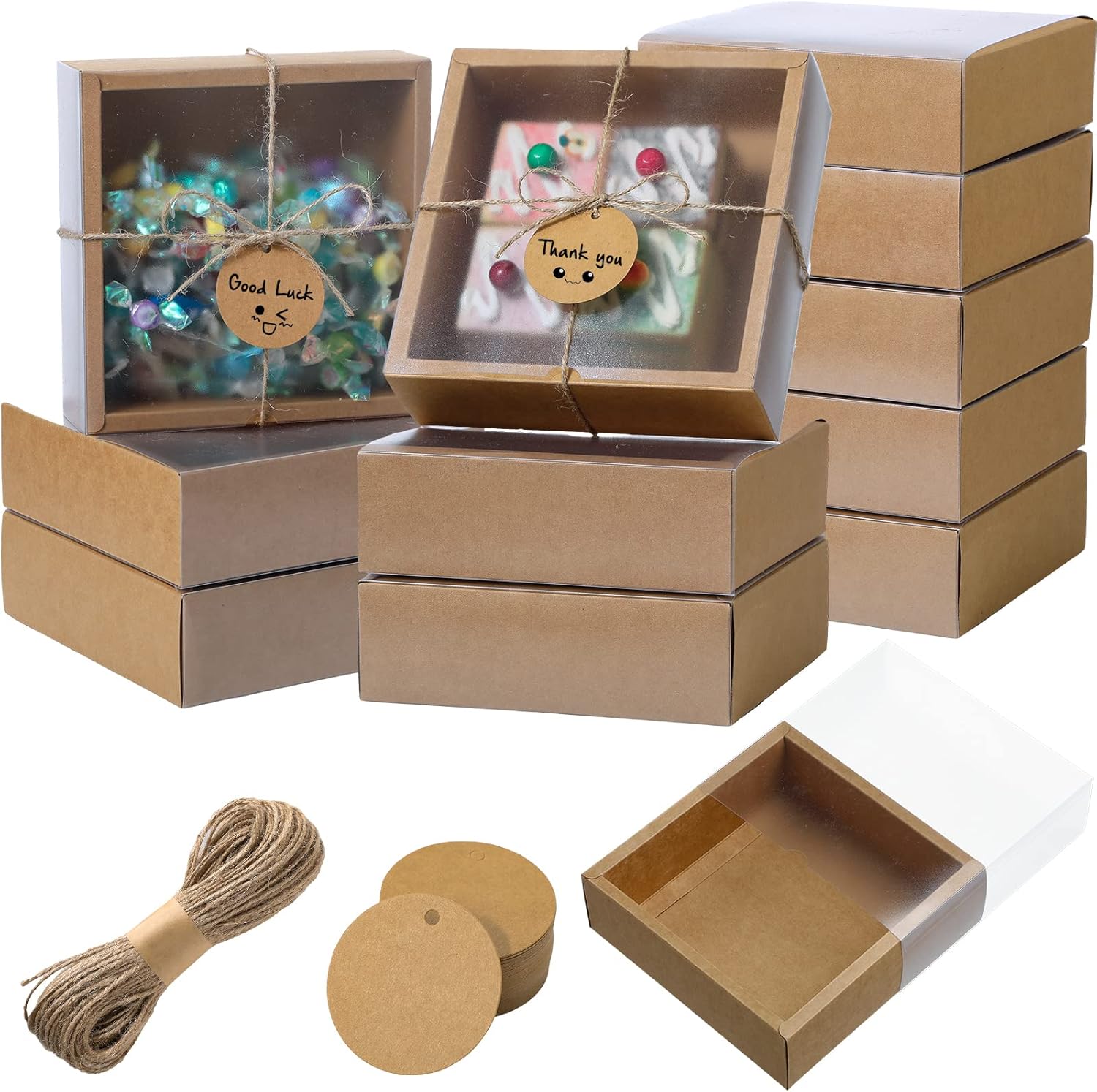 roowest 50 sets kraft homemade gift box bundle with blank tags and jute string (101 items) for jewelry candy wrapping party favor(6.5 x 6.5 x 2 inch,kraft color) kraft color 6.5 x 6.5 x 2 inch