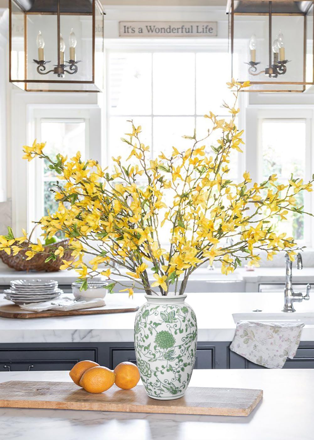 Keramik Vase Weiß und Blau für Blumendekoration Blumenvasen Deko Vase für Pampasgras Blumen, Tischdeko, Trockenblumen Deko Vasen für Wohnzimmer, Bürodeko, Modernes Dekoratives Vasen