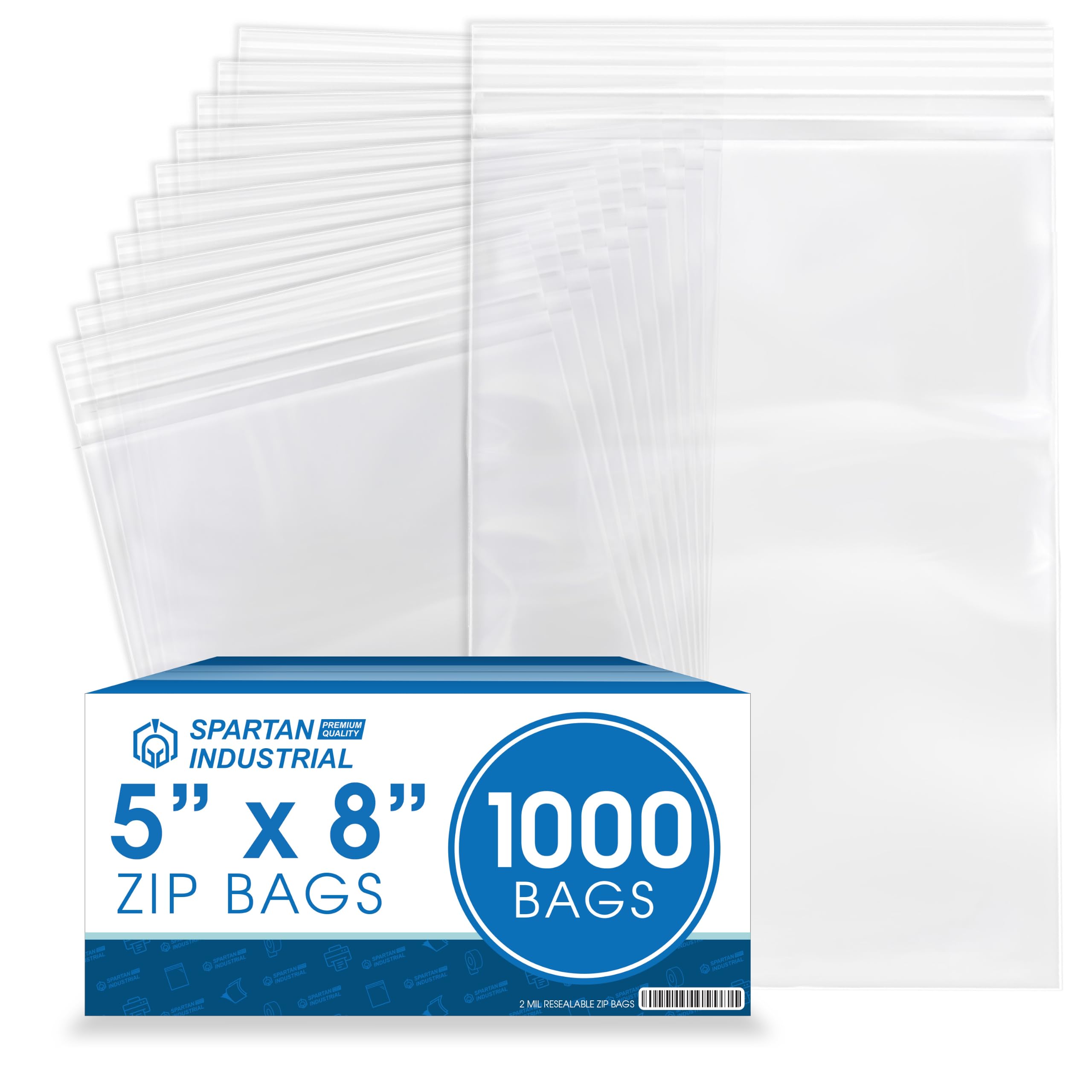 Spartan Industrial 5 x 8 inch 2 mil clear reclosable zip poly bags, 1000 count
