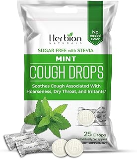 HERBION Naturals Cough Drops, Sugar Free with Stevia, Dietary Supplement, Soothes Cough, for Adults & Children Over 6 Years, 25 Drops, Mint, Pack of 1