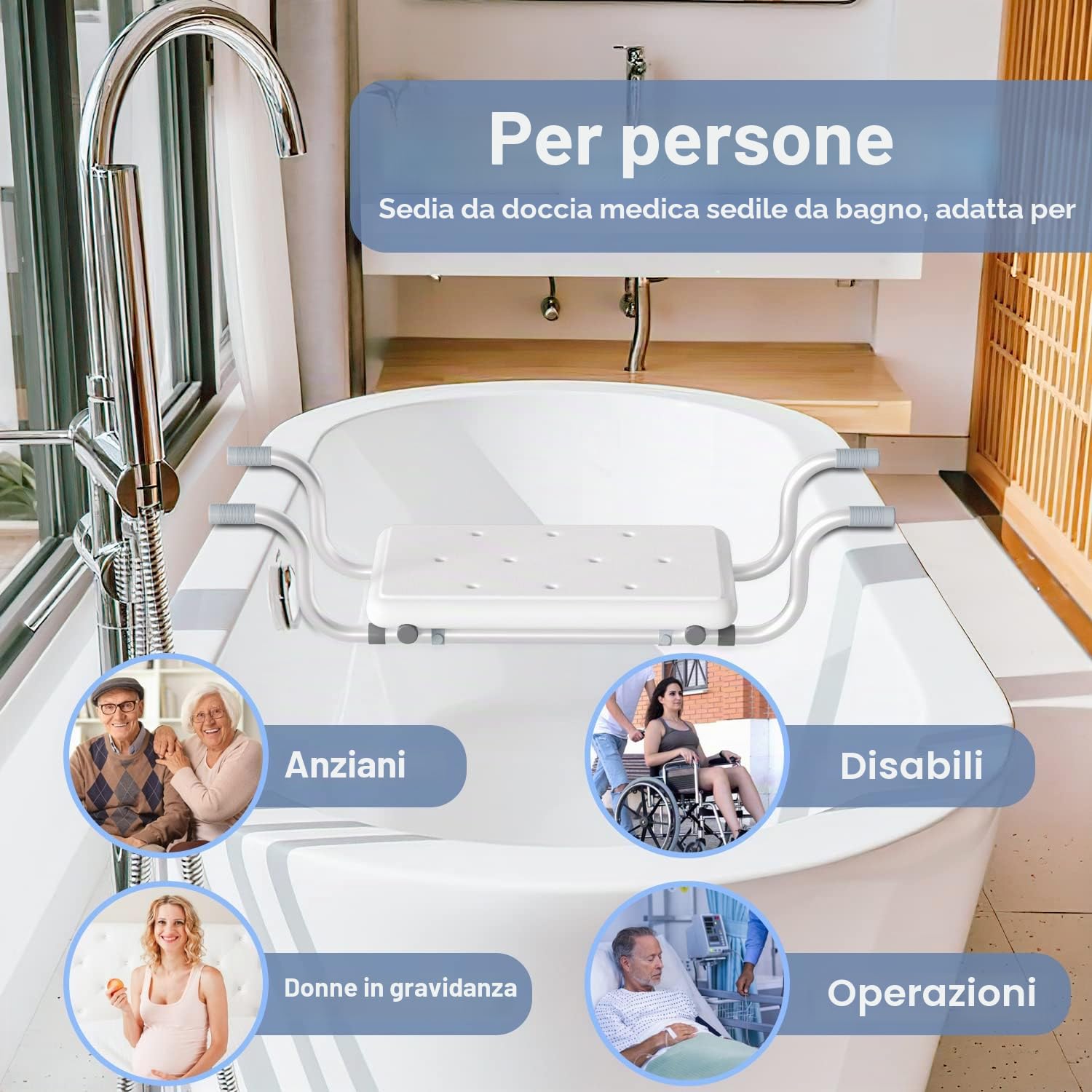 Sedile per vasca da bagno regolabile per tutte le misure, antiscivolo e capacità di carico fino a 136 kg