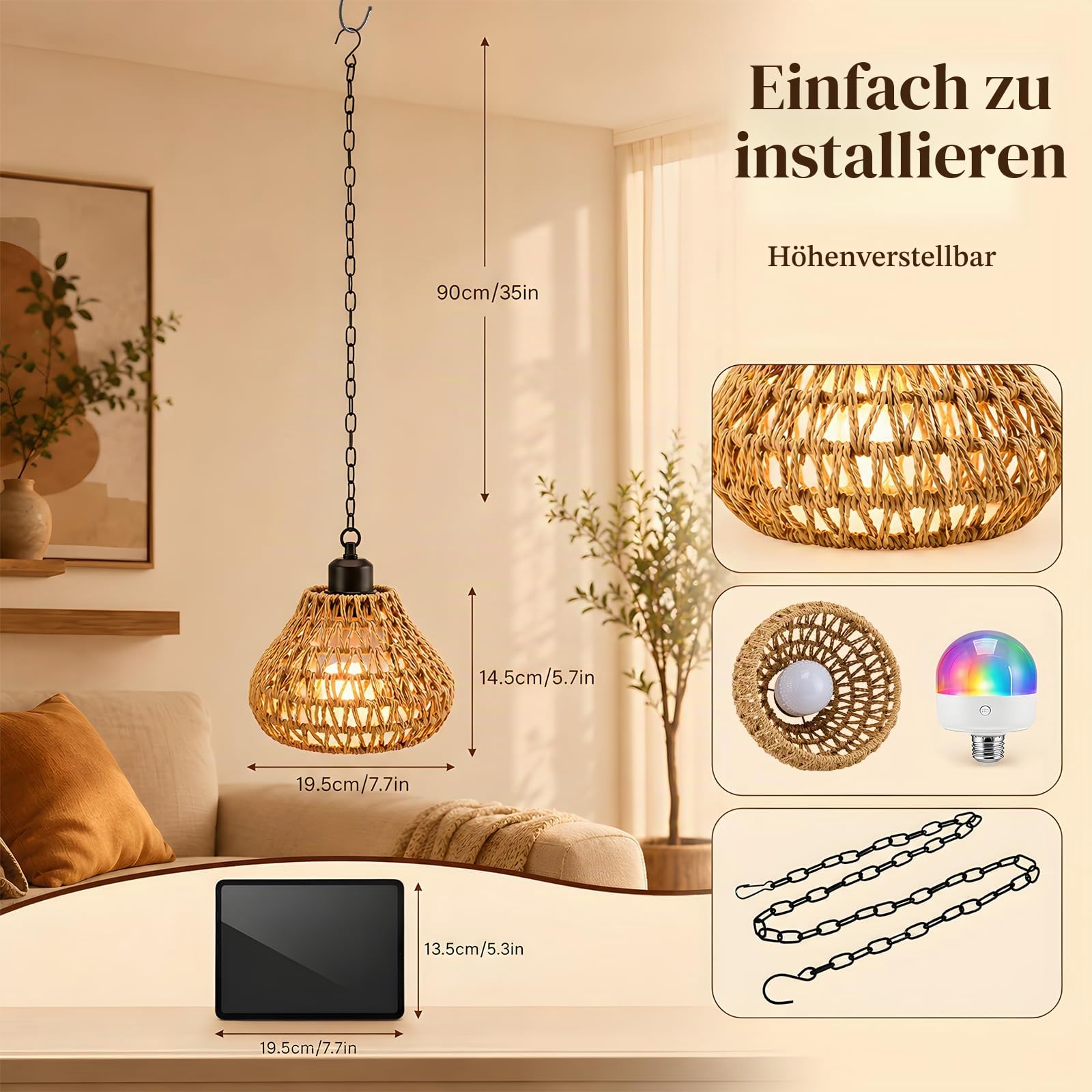 2 Stück hängelampe outdoor mit Fernbedienung, Boho Batteriebetriebene Lampe Hängeleuchte Ohne, IP65 Hängeleuchte Boho Rattan, Tragbare für Innen Außen Garten Terrassen Schlafzimmer Esstisch