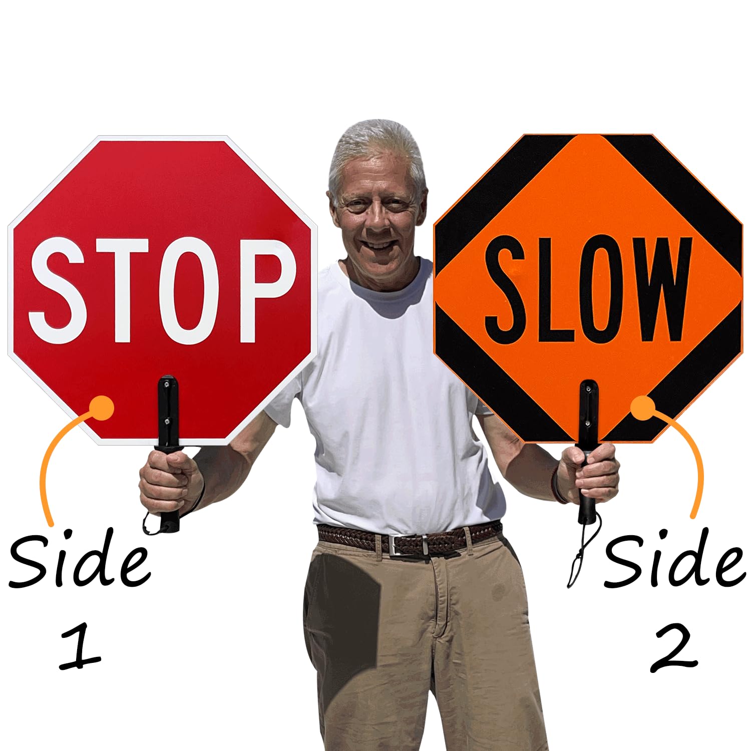 SmartSign 18 x 18 inch Handheld “STOP - SLOW” Paddle Sign with Handle (1-Pack), Double-Sided, Screen Printed, 120 mil Aluminum Composite, Multicolor, Made in USA — Amazon image 2
